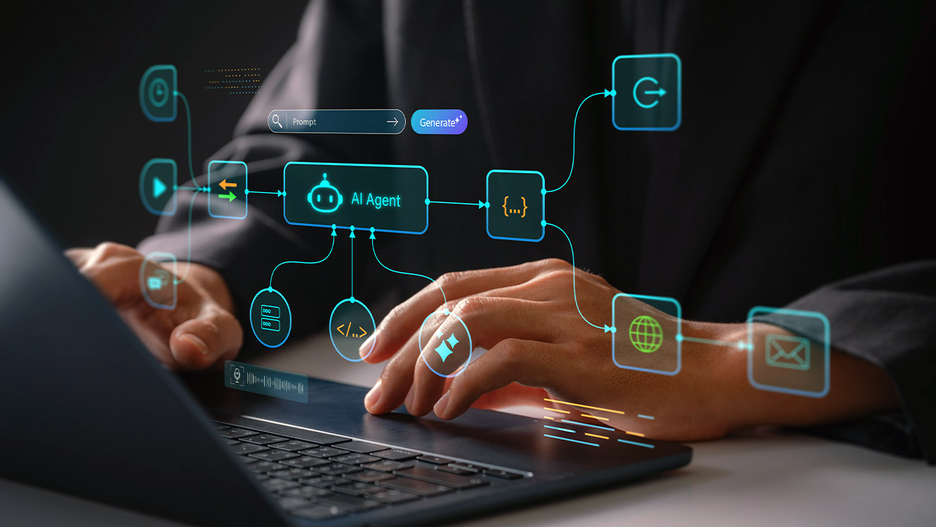 AI Agents on a screen, with a person working on their laptop