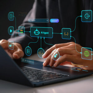 AI Agents on a screen, with a person working on their laptop