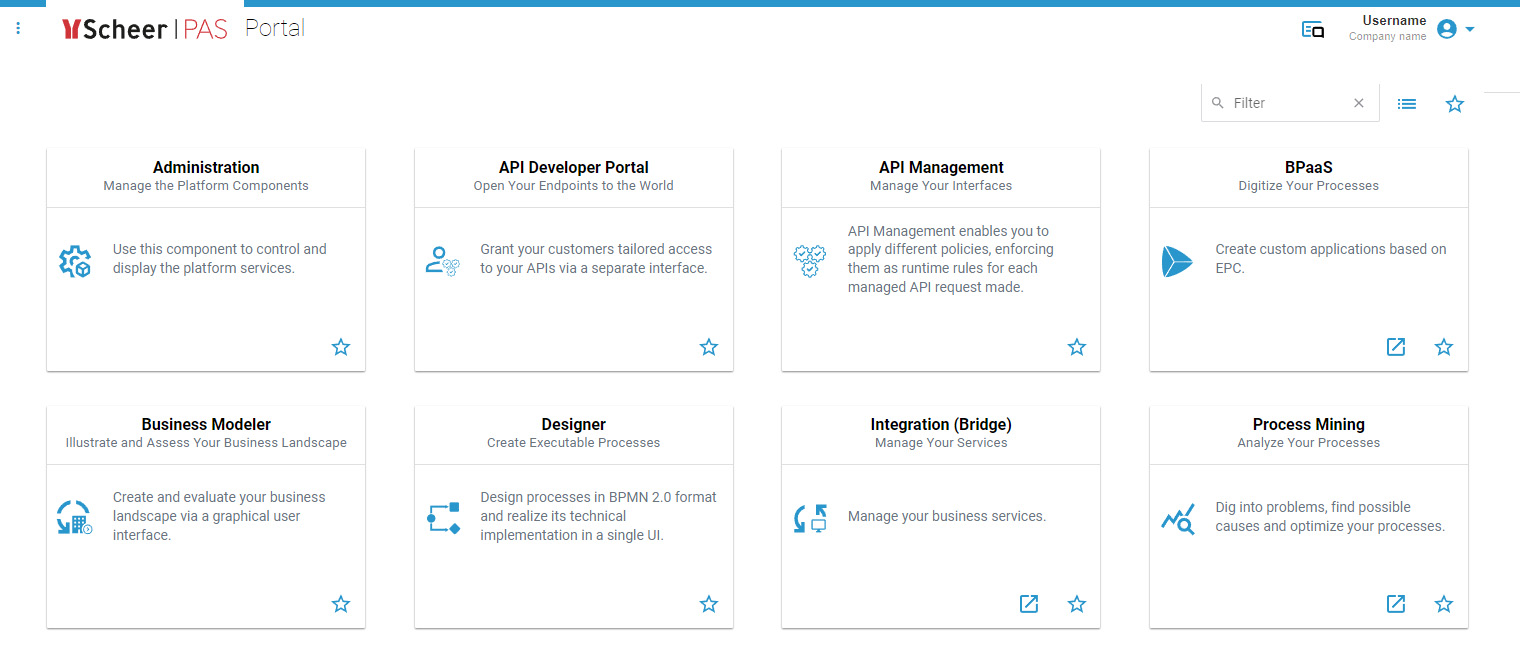 Scheer PAS Portal with different capabilities having AI ChatBot in all of them